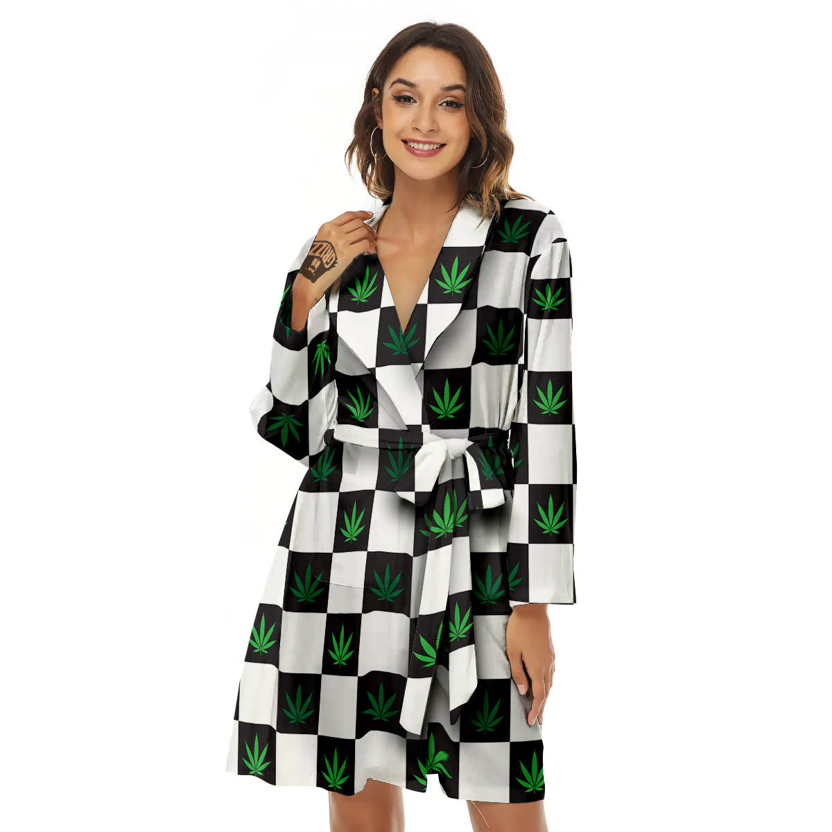 Checked Green Weed Print Pattern Women's Robe-grizzshop