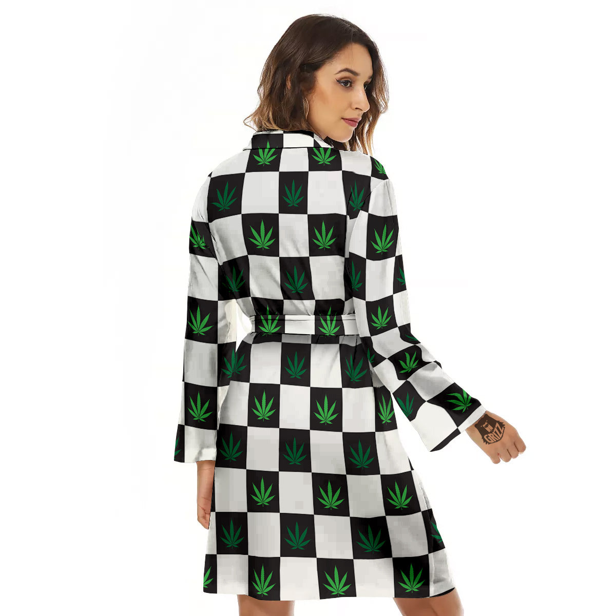 Checked Green Weed Print Pattern Women's Robe-grizzshop