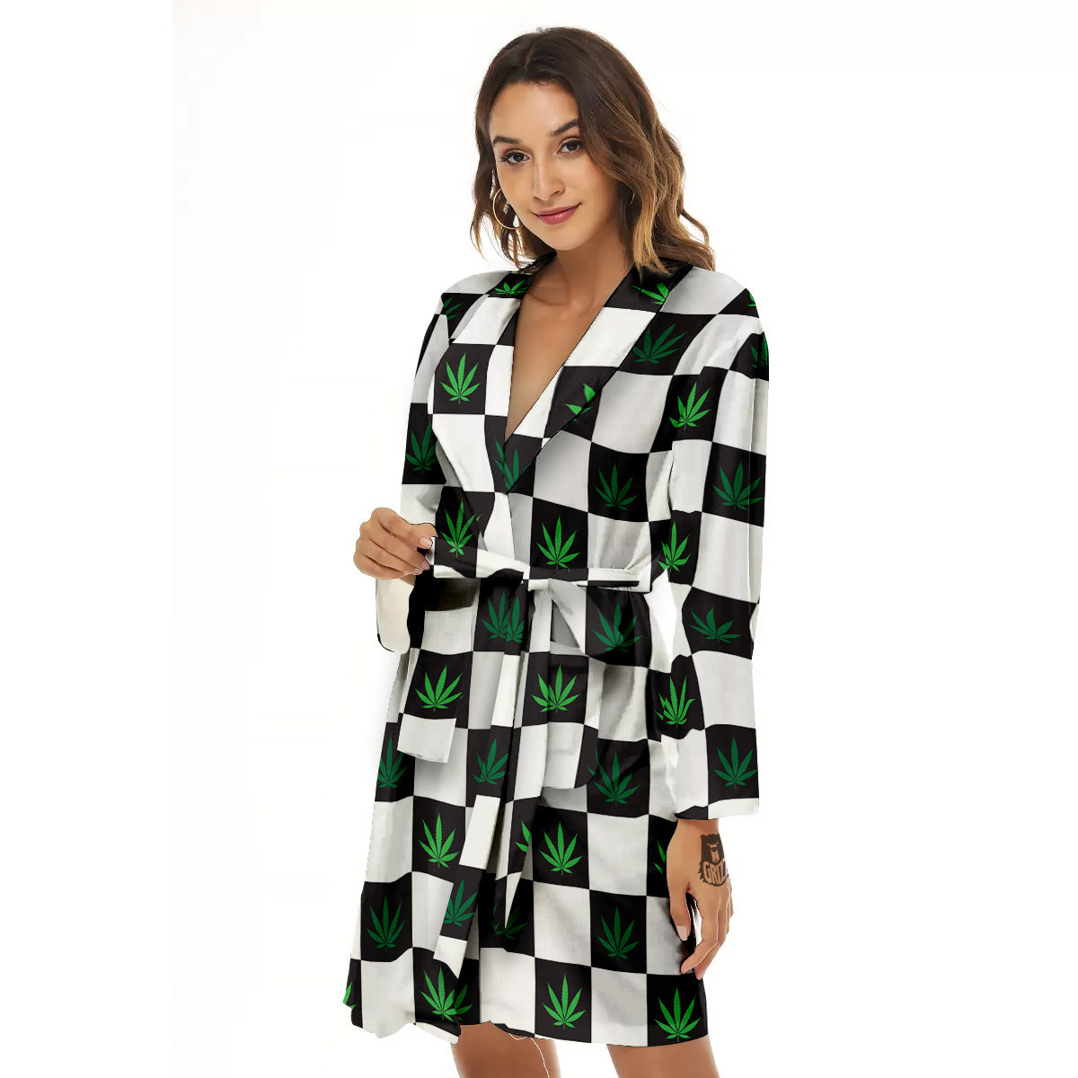 Checked Green Weed Print Pattern Women's Robe-grizzshop