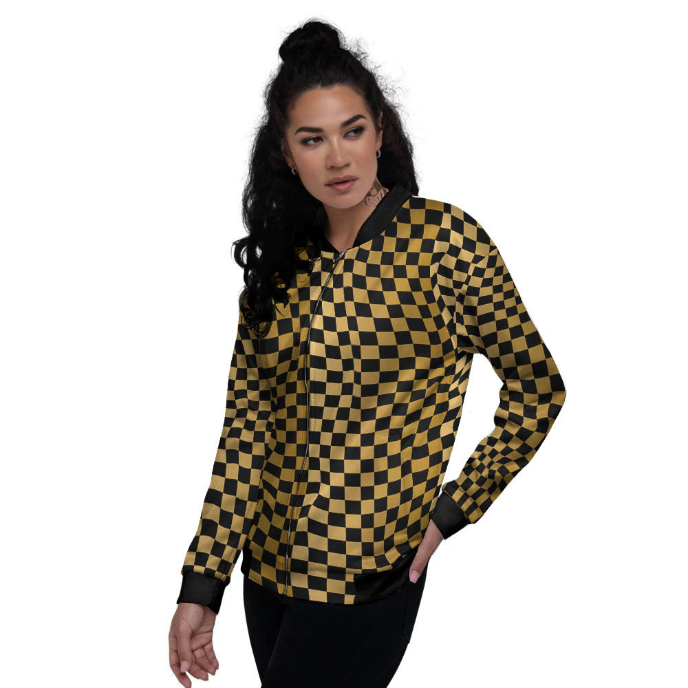 Checkered Black And Gold Print Pattern Women's Bomber Jacket-grizzshop