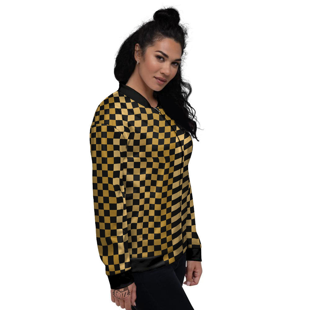 Checkered Black And Gold Print Pattern Women's Bomber Jacket-grizzshop