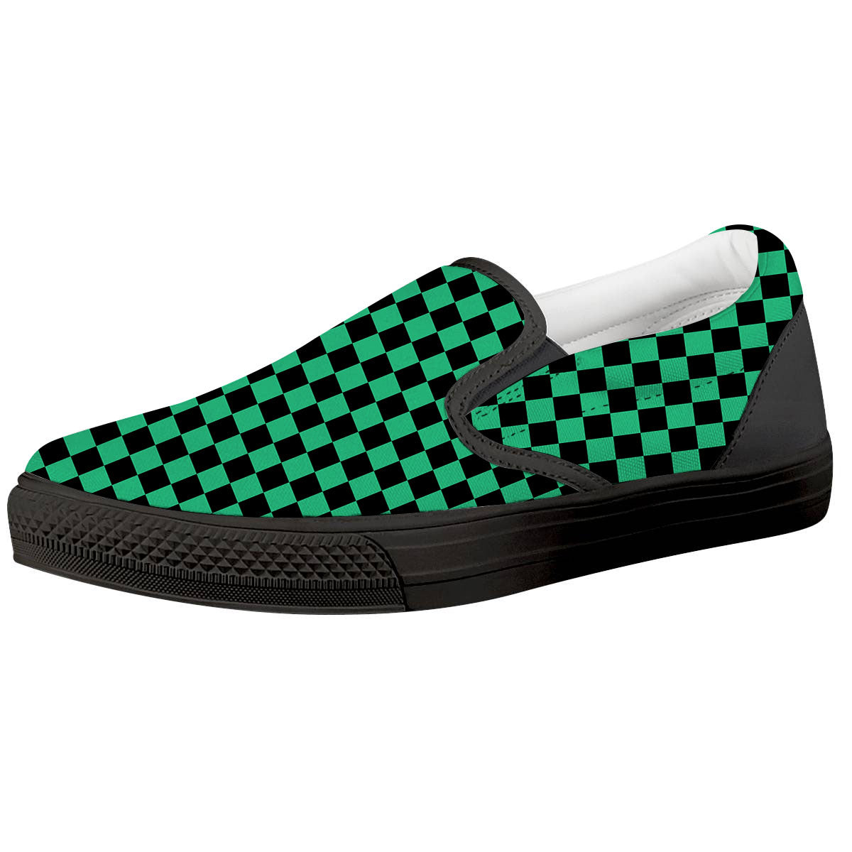 Checkered Black And Green Print Pattern Black Slip On Shoes-grizzshop