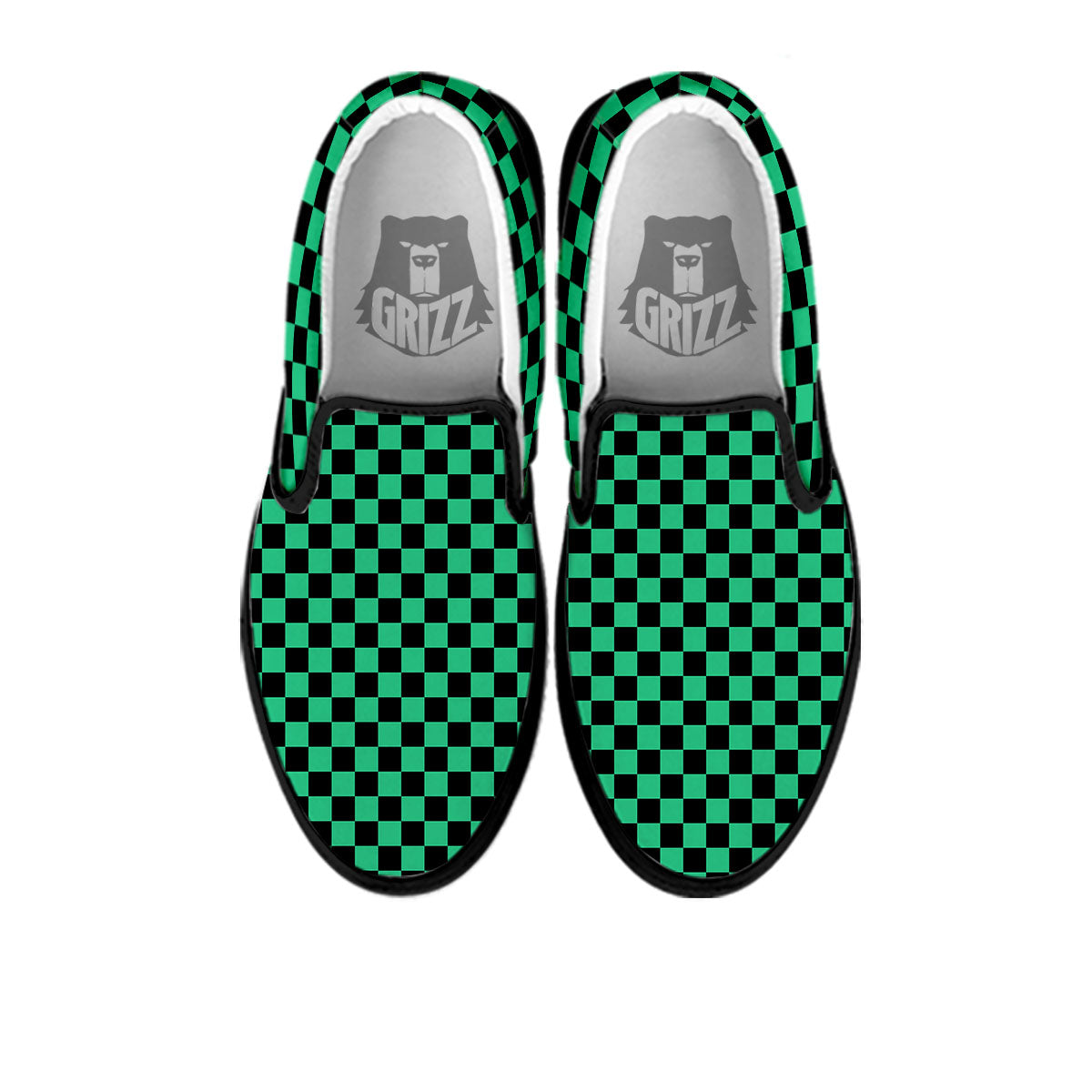 Checkered Black And Green Print Pattern Black Slip On Shoes-grizzshop