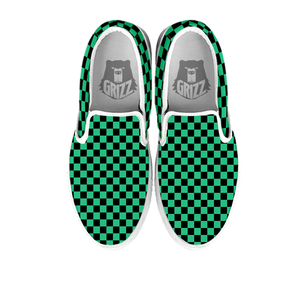 Checkered Black And Green Print Pattern White Slip On Shoes-grizzshop