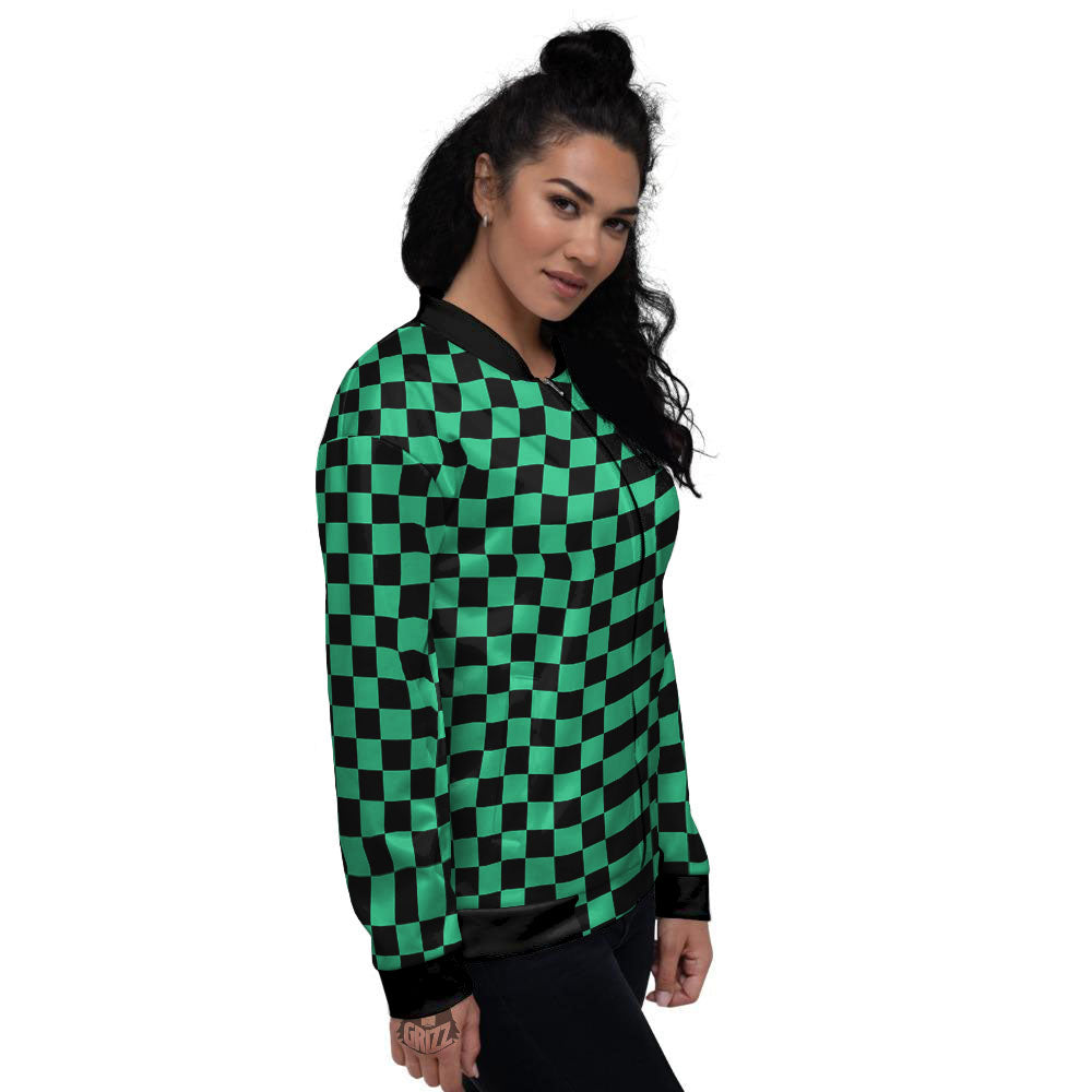 Checkered Black And Green Print Pattern Women's Bomber Jacket-grizzshop