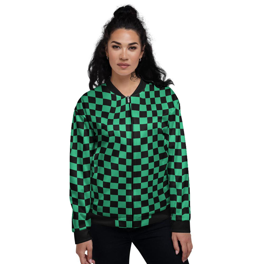 Checkered Black And Green Print Pattern Women's Bomber Jacket-grizzshop