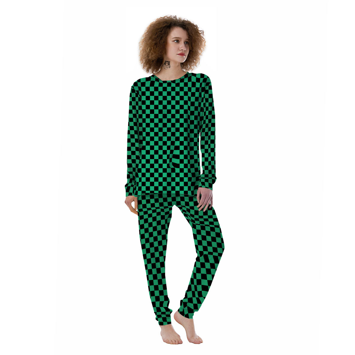 Checkered Black And Green Print Pattern Women's Pajamas-grizzshop