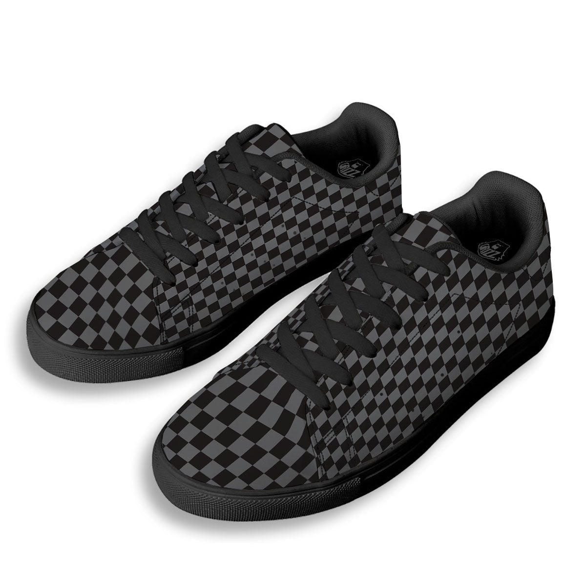 Checkered Black And Grey Print Pattern Black Low Top Sneakers-grizzshop