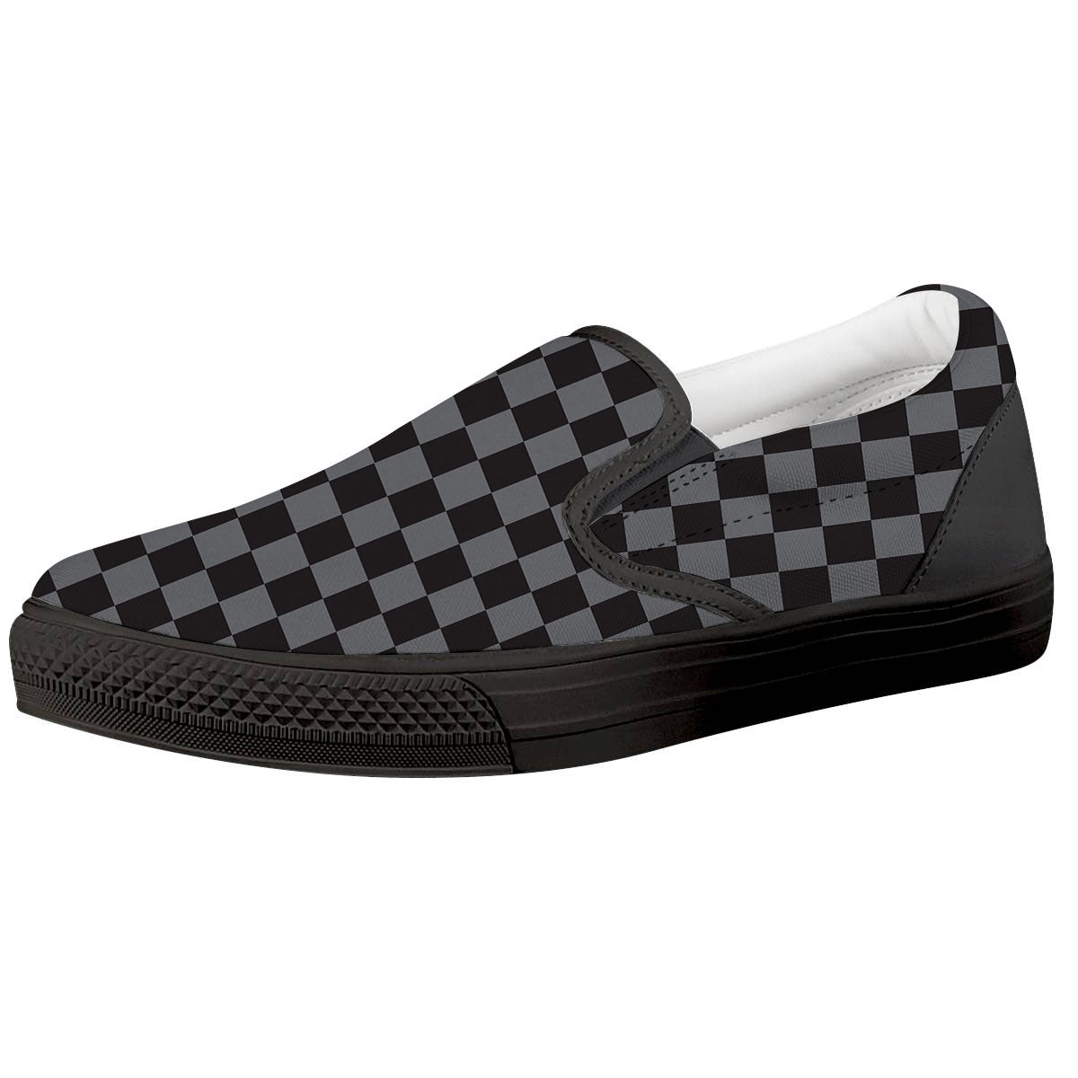 Checkered Black And Grey Print Pattern Black Slip On Shoes-grizzshop