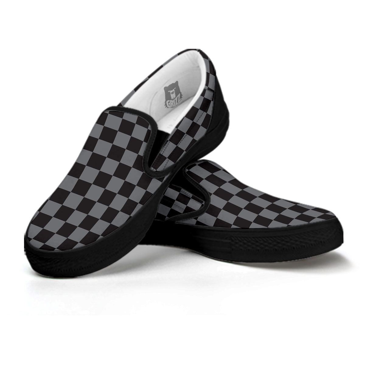 Checkered Black And Grey Print Pattern Black Slip On Shoes-grizzshop
