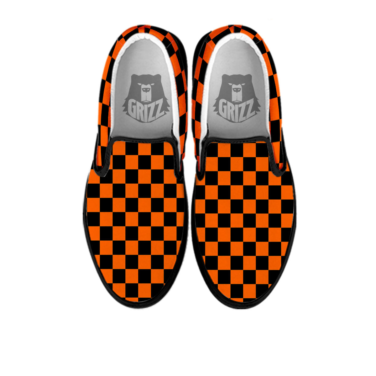 Checkered Black And Orange Print Pattern Black Slip On Shoes-grizzshop