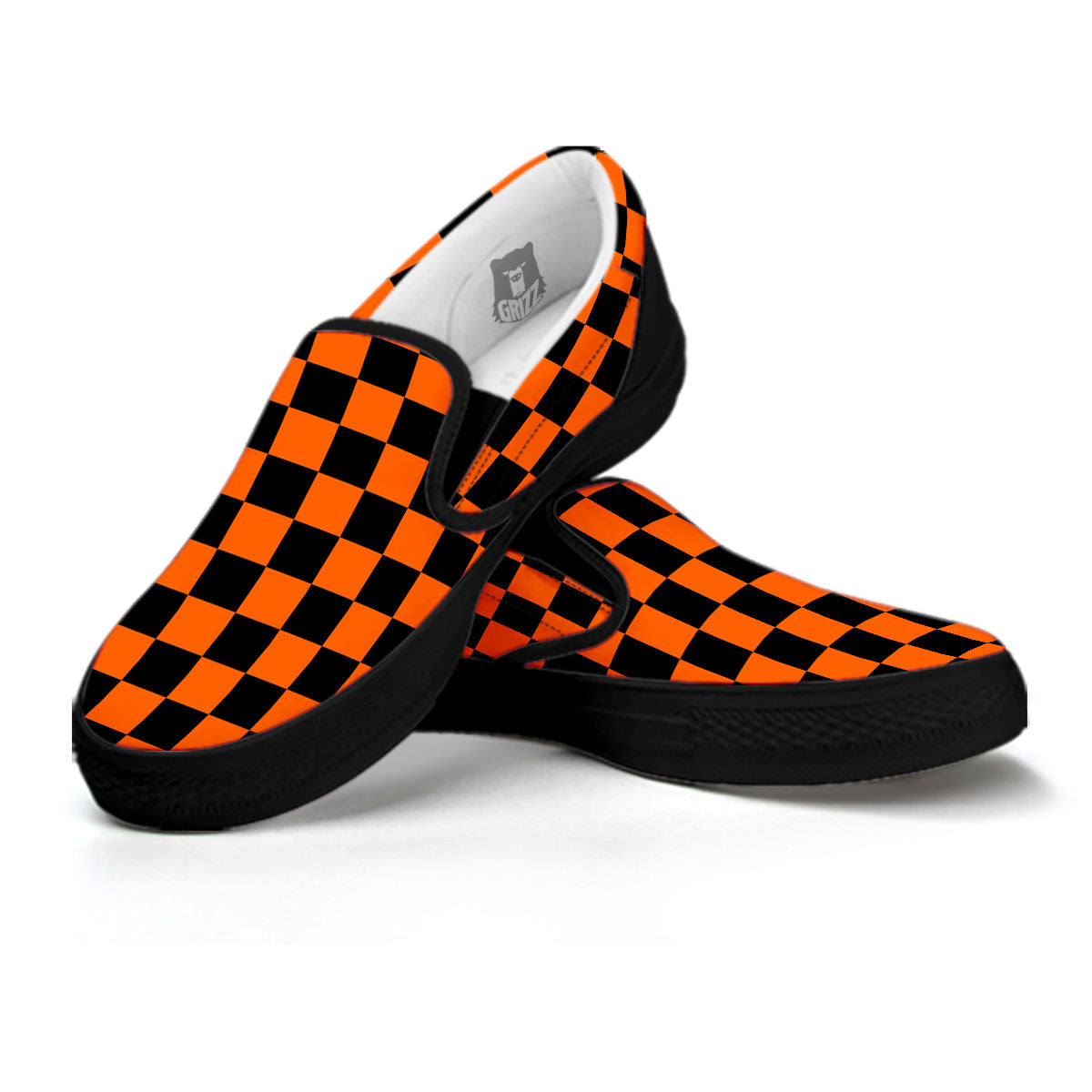 Checkered Black And Orange Print Pattern Black Slip On Shoes-grizzshop