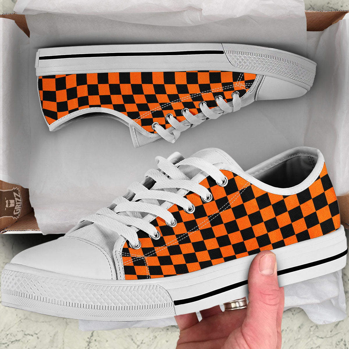 Checkered Black And Orange Print Pattern White Low Top Shoes-grizzshop