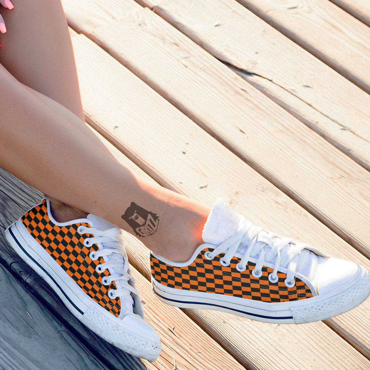 Checkered Black And Orange Print Pattern White Low Top Shoes-grizzshop