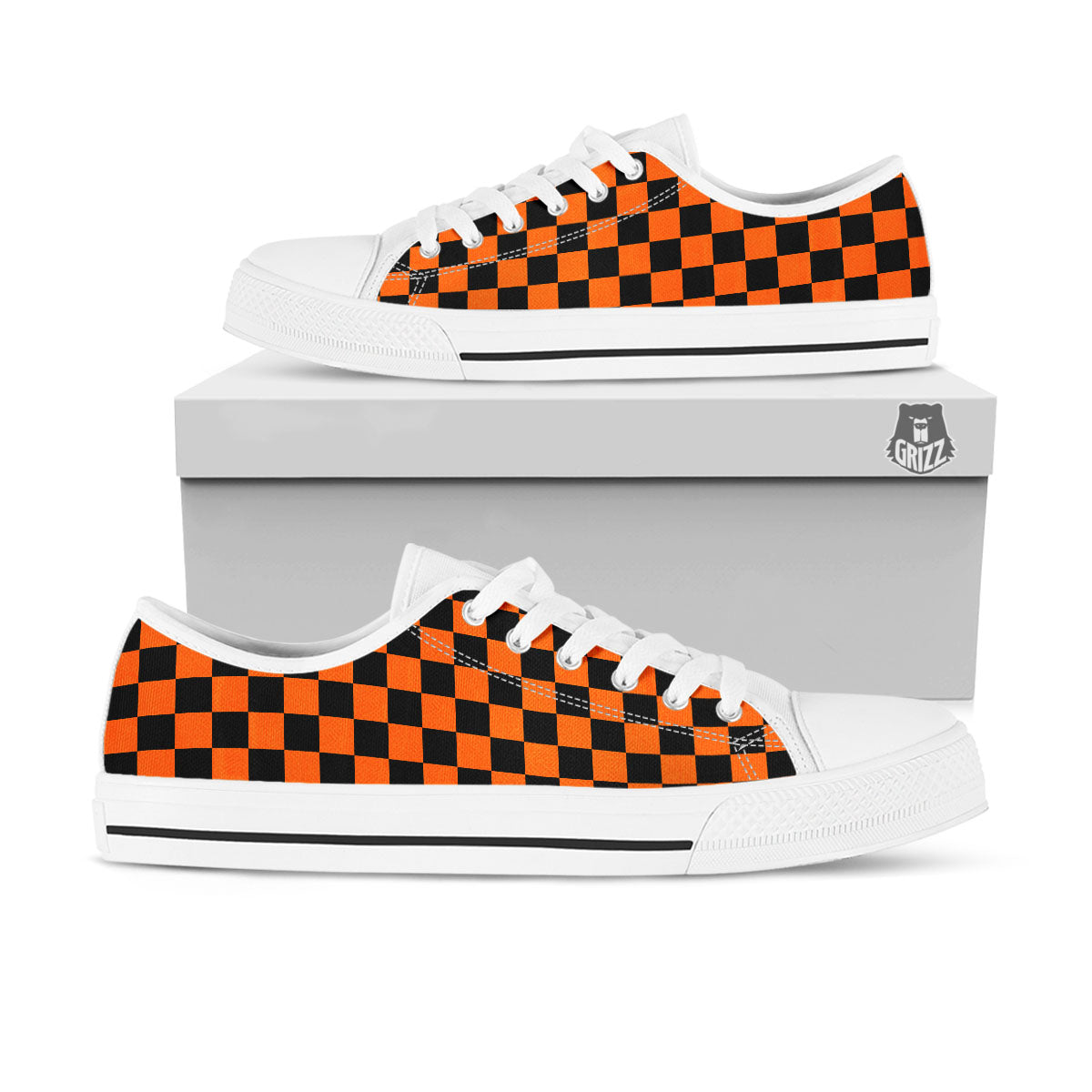 Checkered Black And Orange Print Pattern White Low Top Shoes-grizzshop