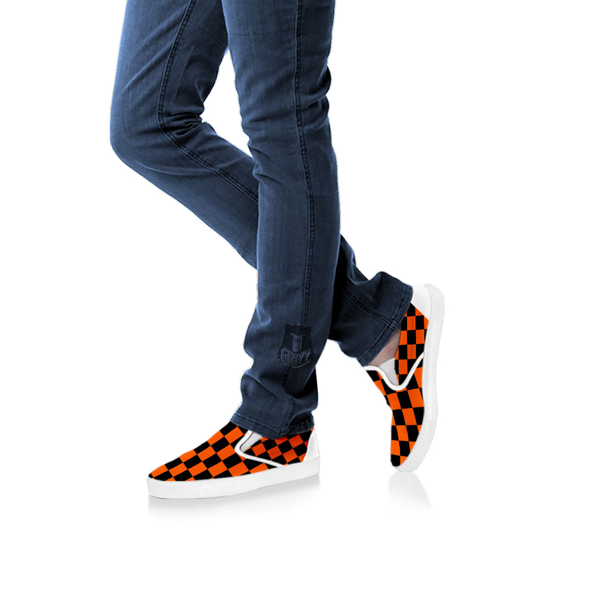 Checkered Black And Orange Print Pattern White Slip On Shoes-grizzshop