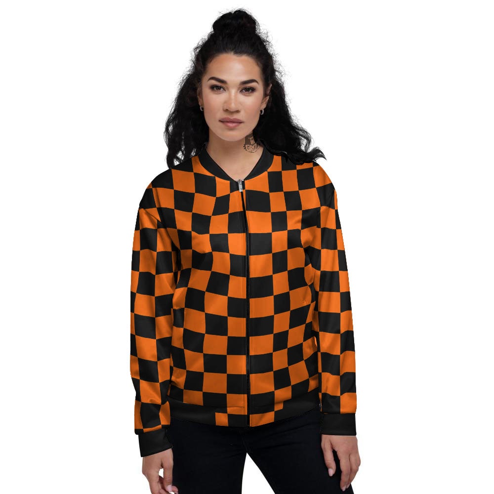 Checkered Black And Orange Print Pattern Women's Bomber Jacket-grizzshop