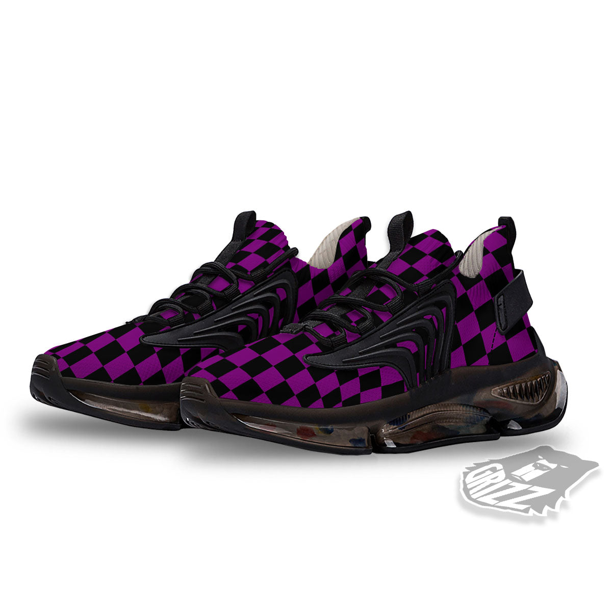 Checkered Black And Purple Print Pattern Black Gym Shoes-grizzshop