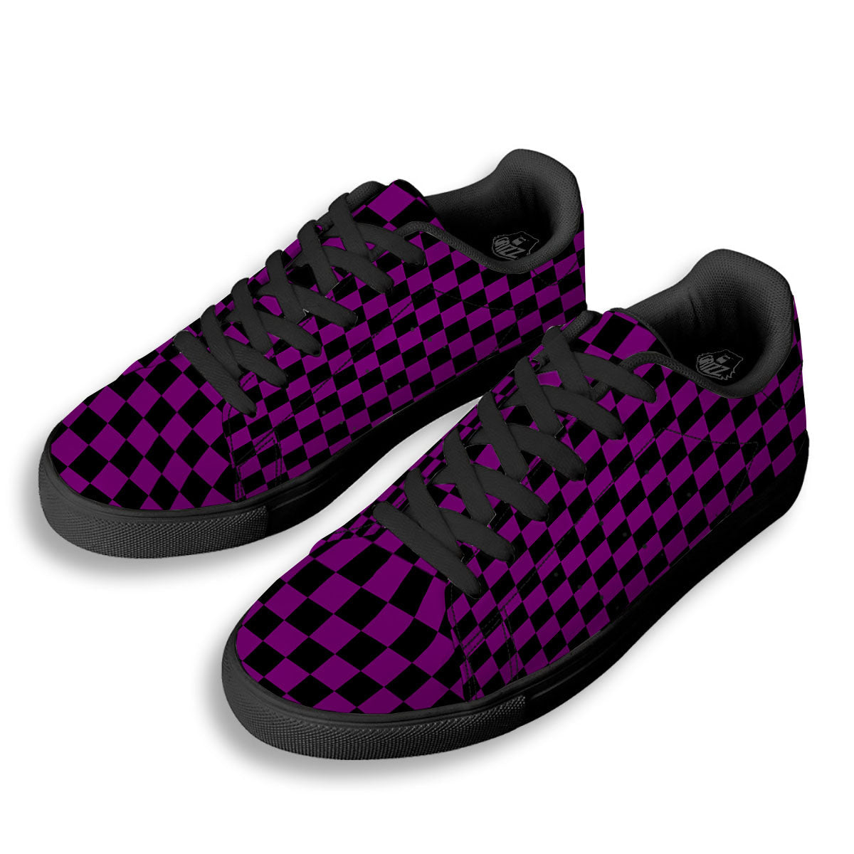 Checkered Black And Purple Print Pattern Black Low Top Sneakers-grizzshop