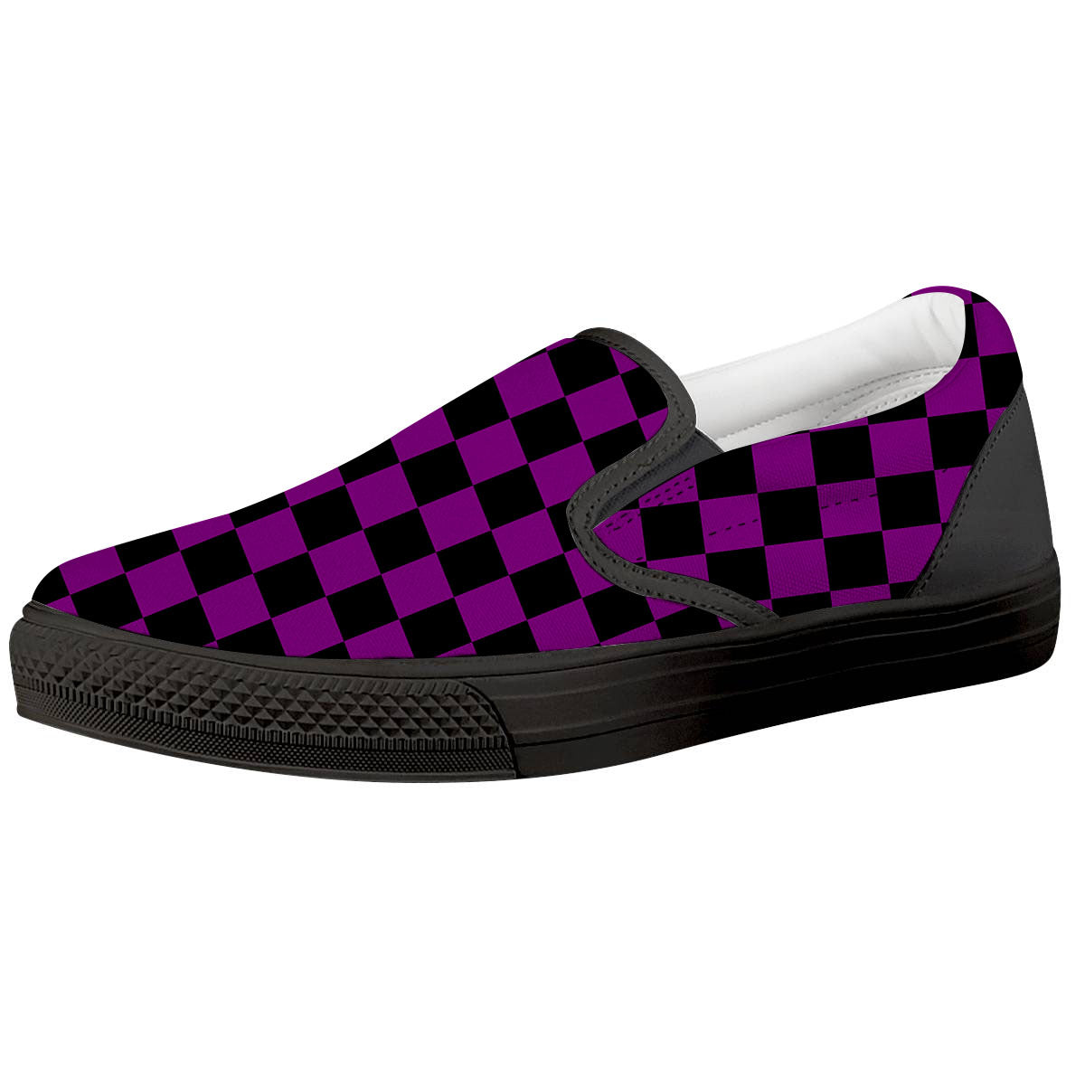 Checkered Black And Purple Print Pattern Black Slip On Shoes-grizzshop
