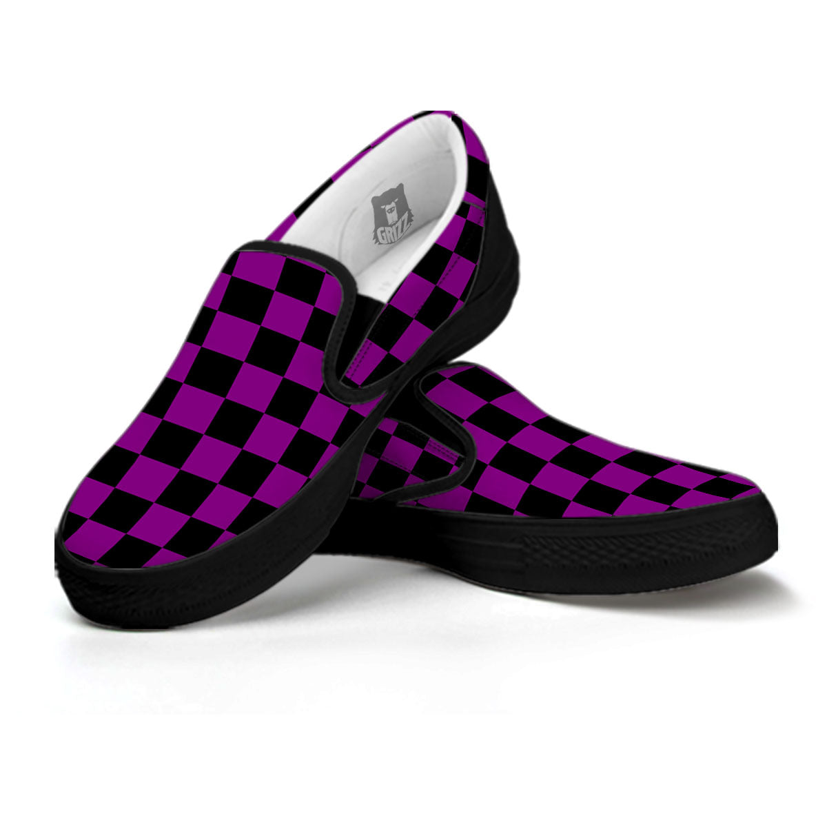 Checkered Black And Purple Print Pattern Black Slip On Shoes-grizzshop