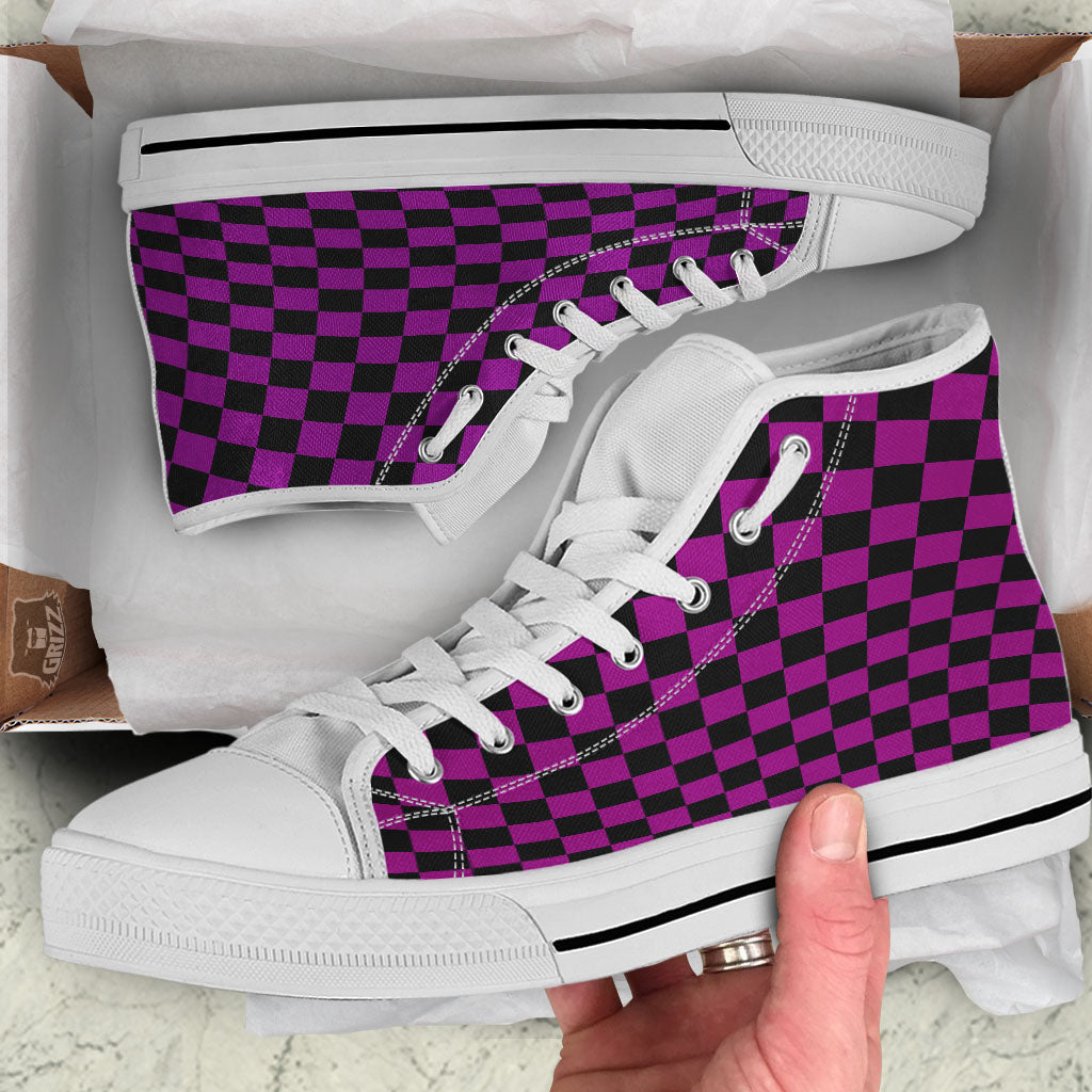 Checkered Black And Purple Print Pattern White High Top Shoes-grizzshop
