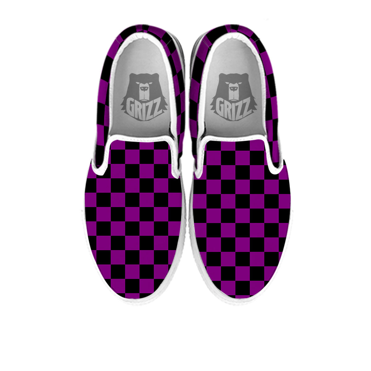 Checkered Black And Purple Print Pattern White Slip On Shoes-grizzshop