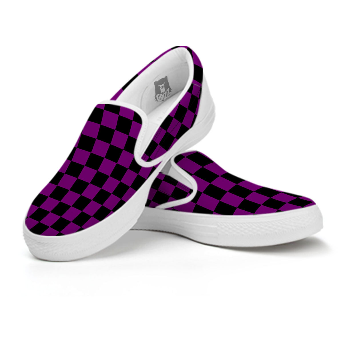 Checkered Black And Purple Print Pattern White Slip On Shoes-grizzshop