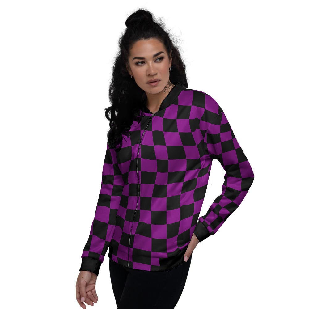Checkered Black And Purple Print Pattern Women's Bomber Jacket-grizzshop