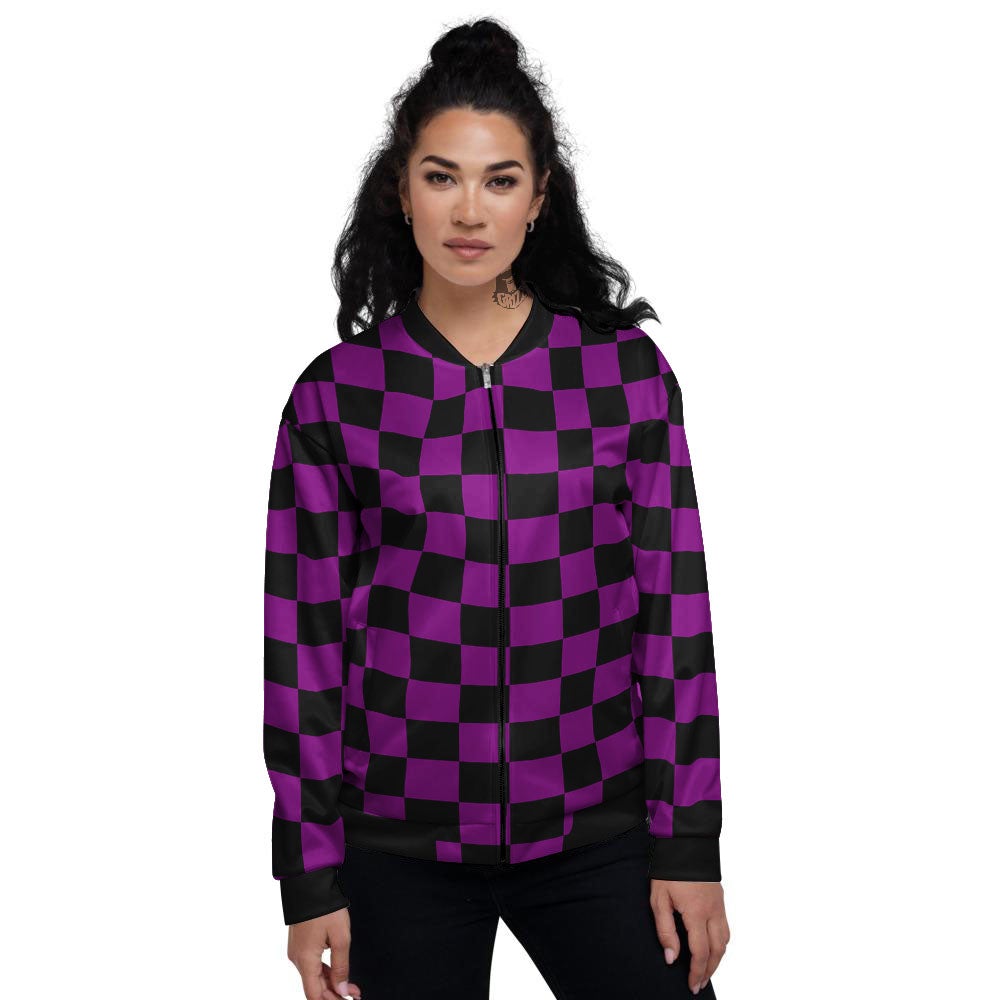 Checkered Black And Purple Print Pattern Women's Bomber Jacket-grizzshop