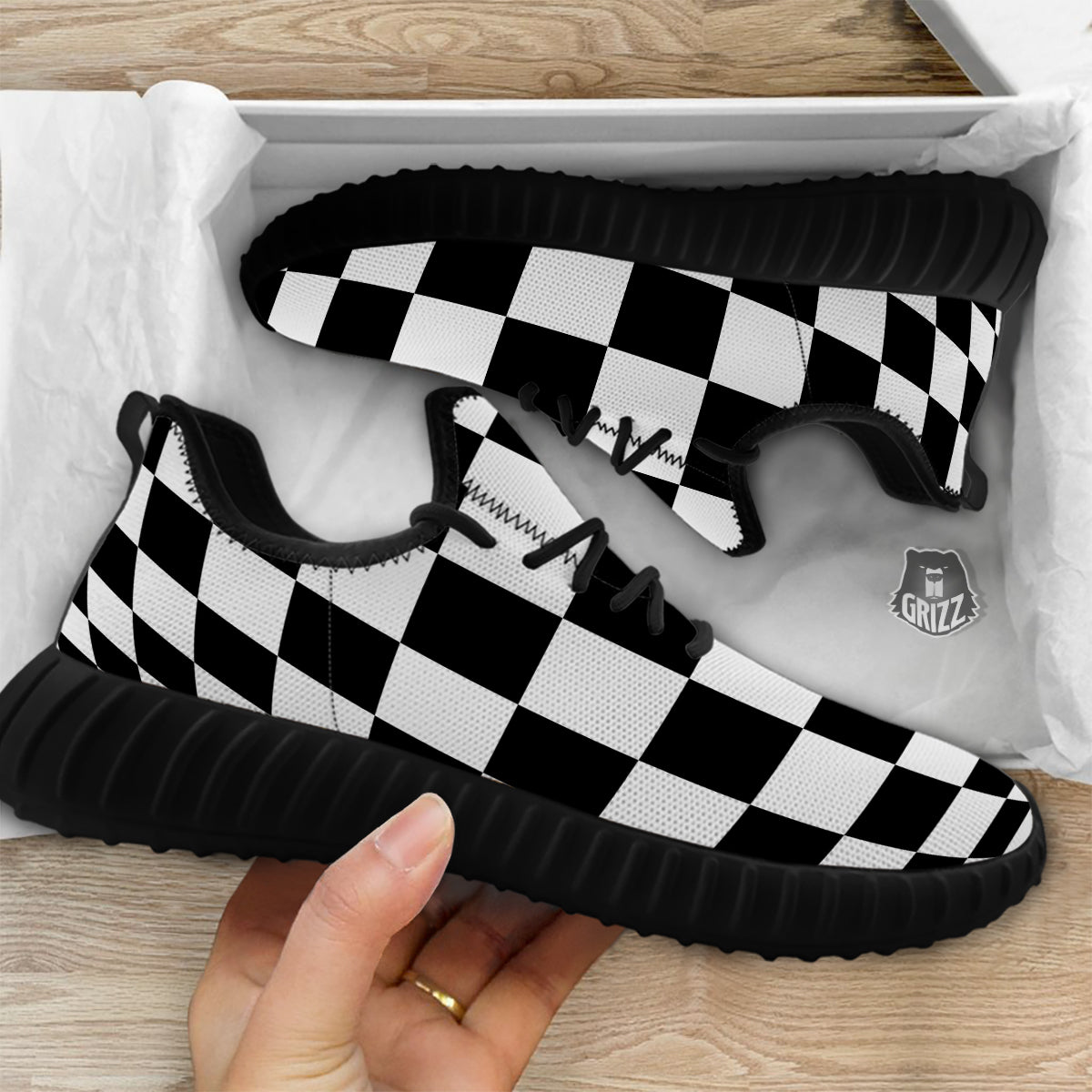 Checkered Board And Convex Shape Print Black Walking Shoes-grizzshop