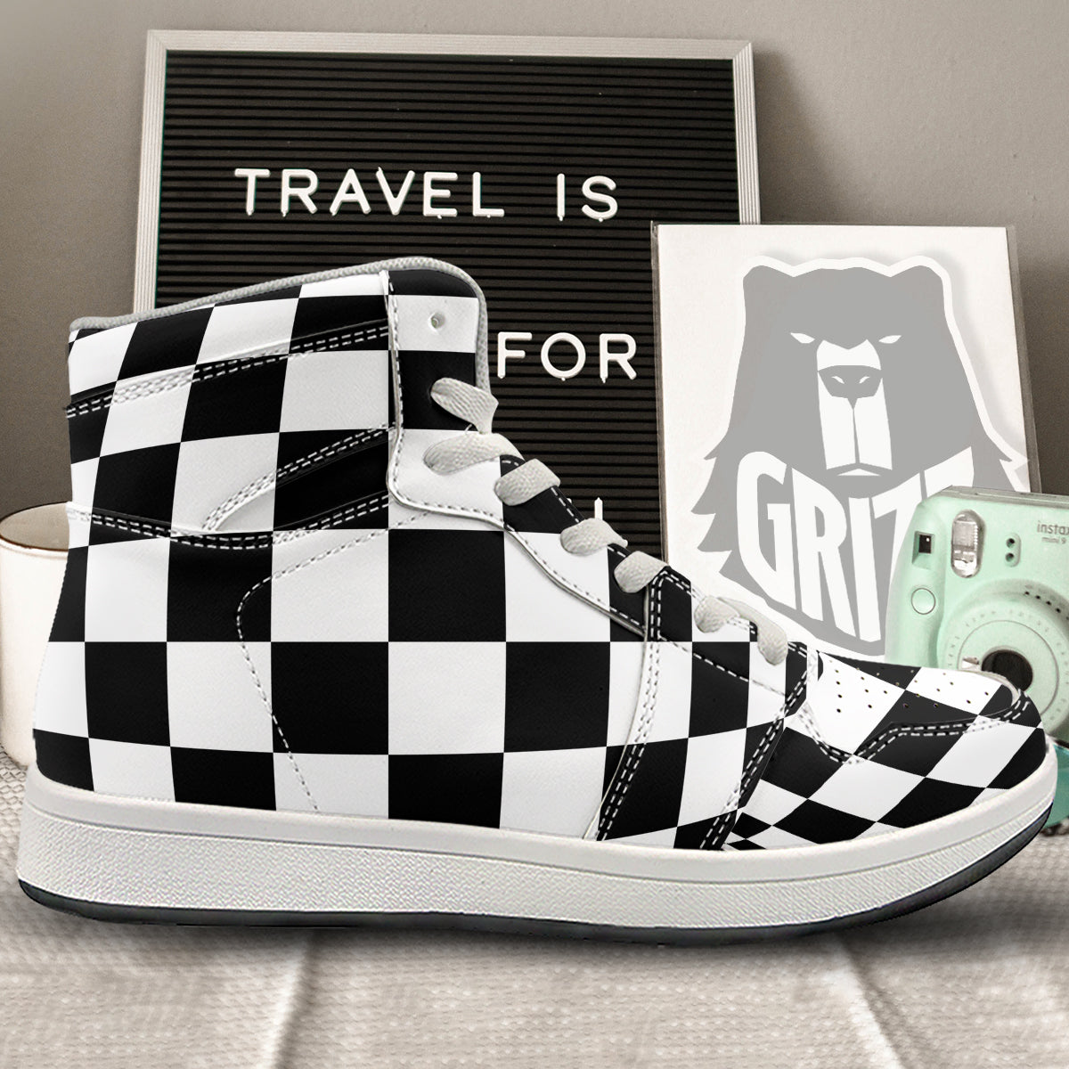 Checkered Board And Convex Shape Print High Top Sneakers-grizzshop