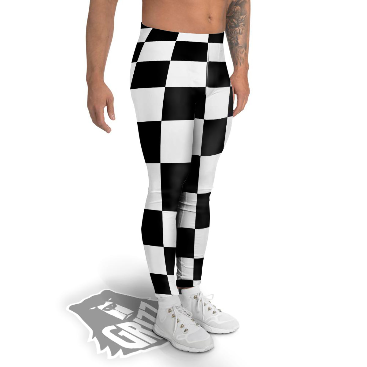 Checkered Board And Convex Shape Print Men's Leggings-grizzshop