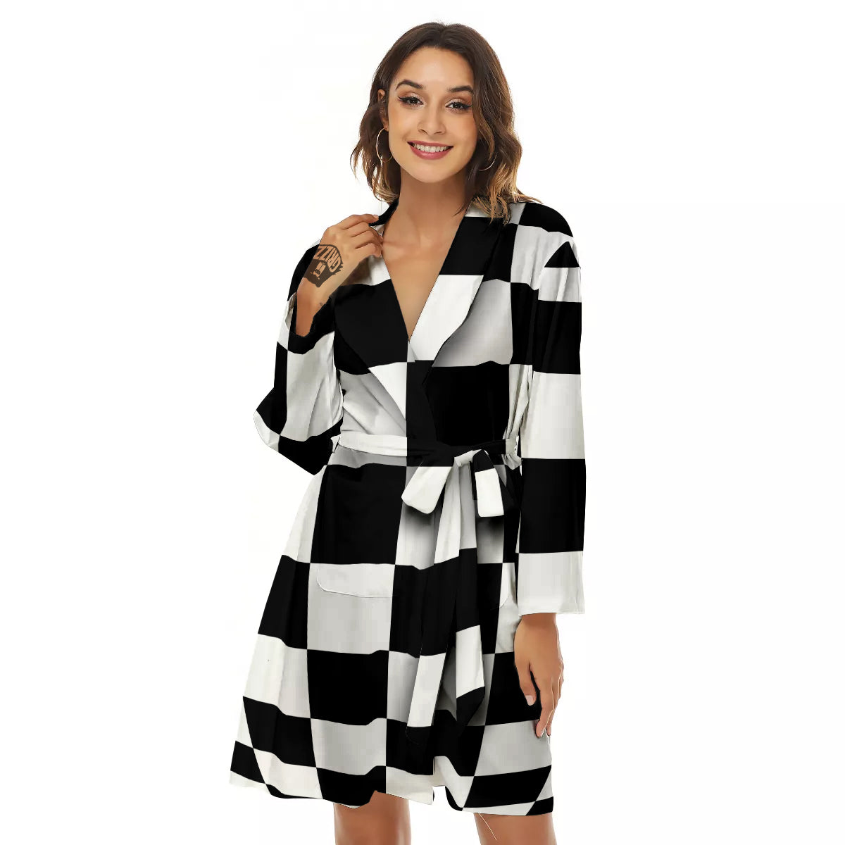 Checkered Board And Convex Shape Print Women's Robe-grizzshop