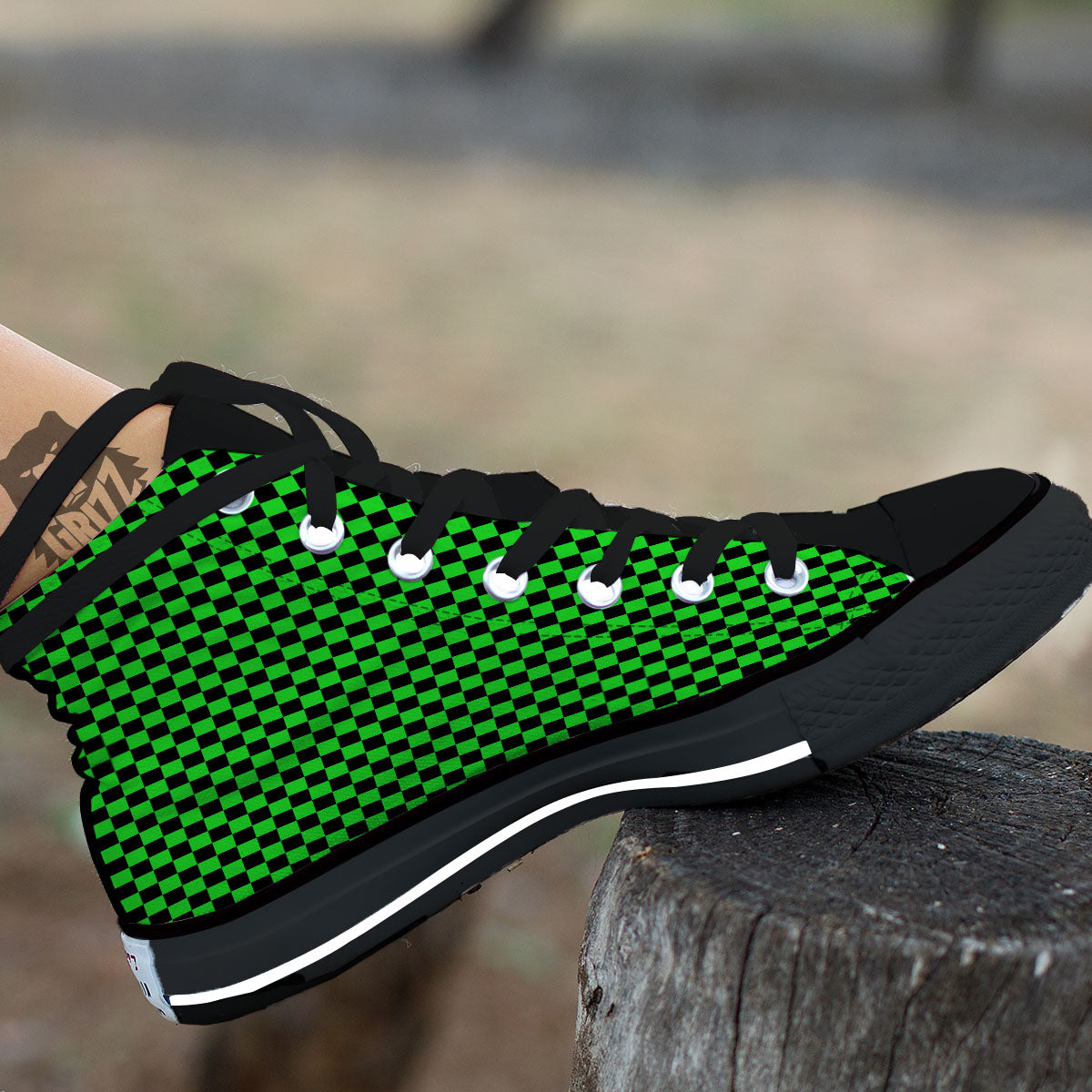 Checkered Green And Black Print Black High Top Shoes-grizzshop