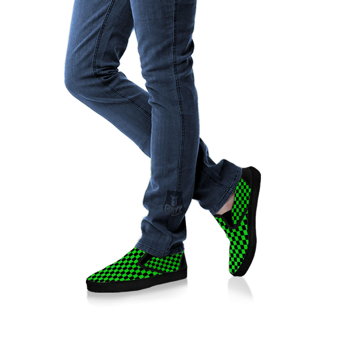 Checkered Green And Black Print Black Slip On Shoes-grizzshop