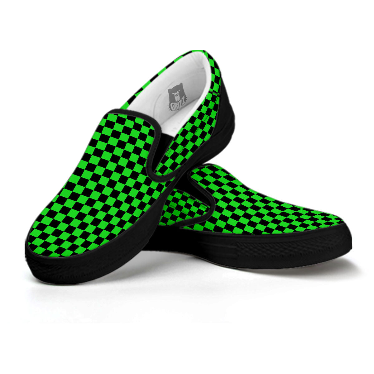 Checkered Green And Black Print Black Slip On Shoes-grizzshop