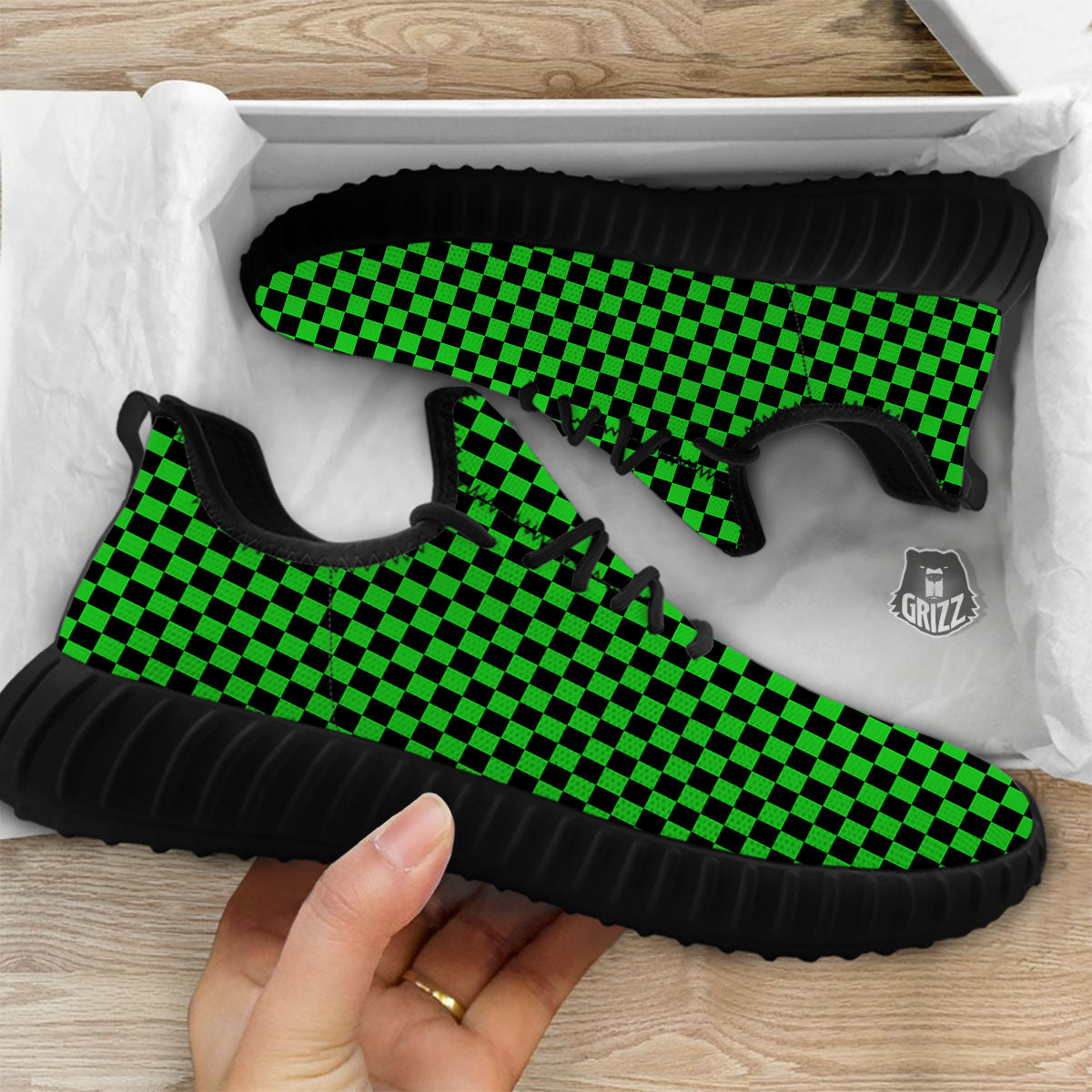 Checkered Green And Black Print Black Walking Shoes-grizzshop