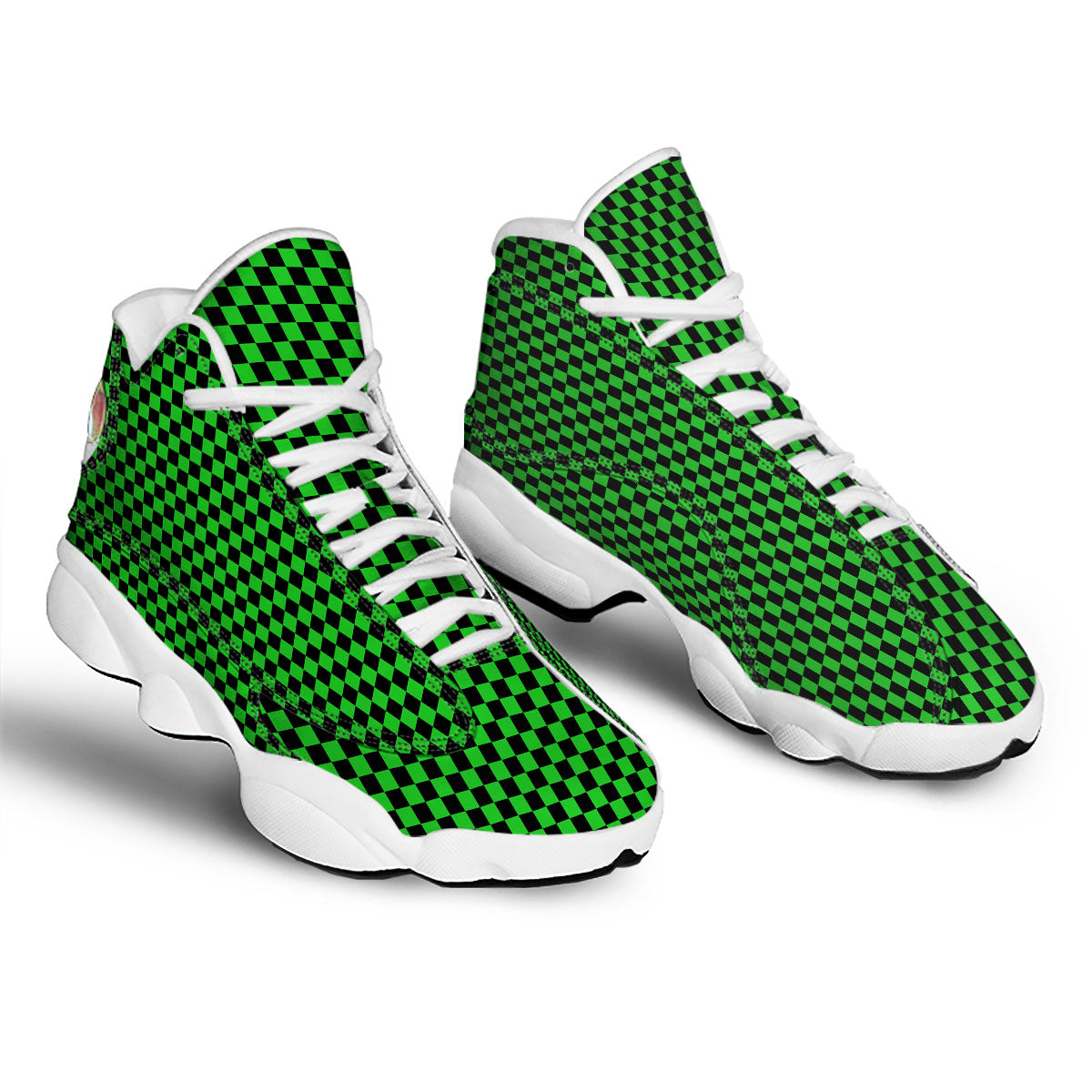 Checkered Green And Black Print White Basketball Shoes-grizzshop
