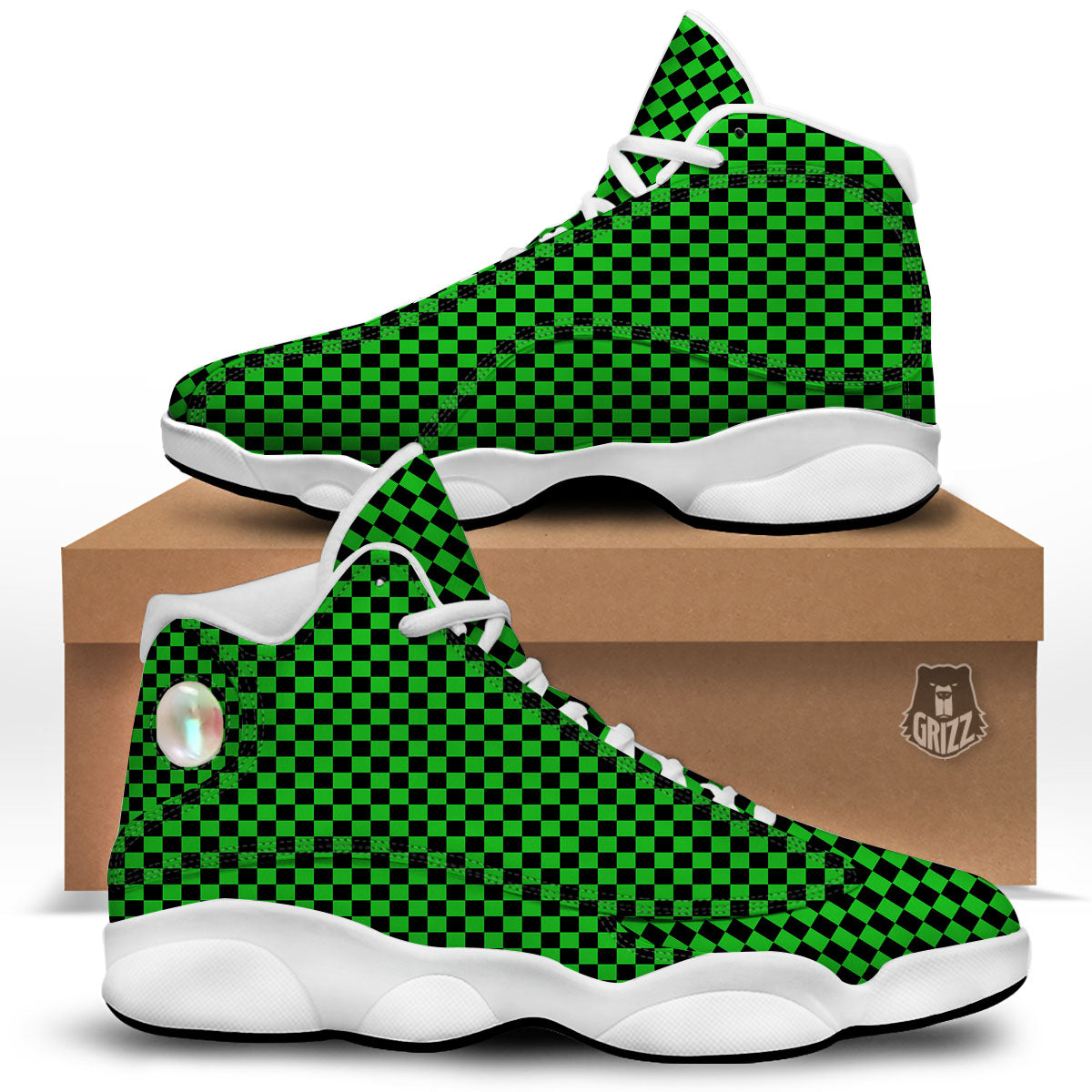 Checkered Green And Black Print White Basketball Shoes-grizzshop