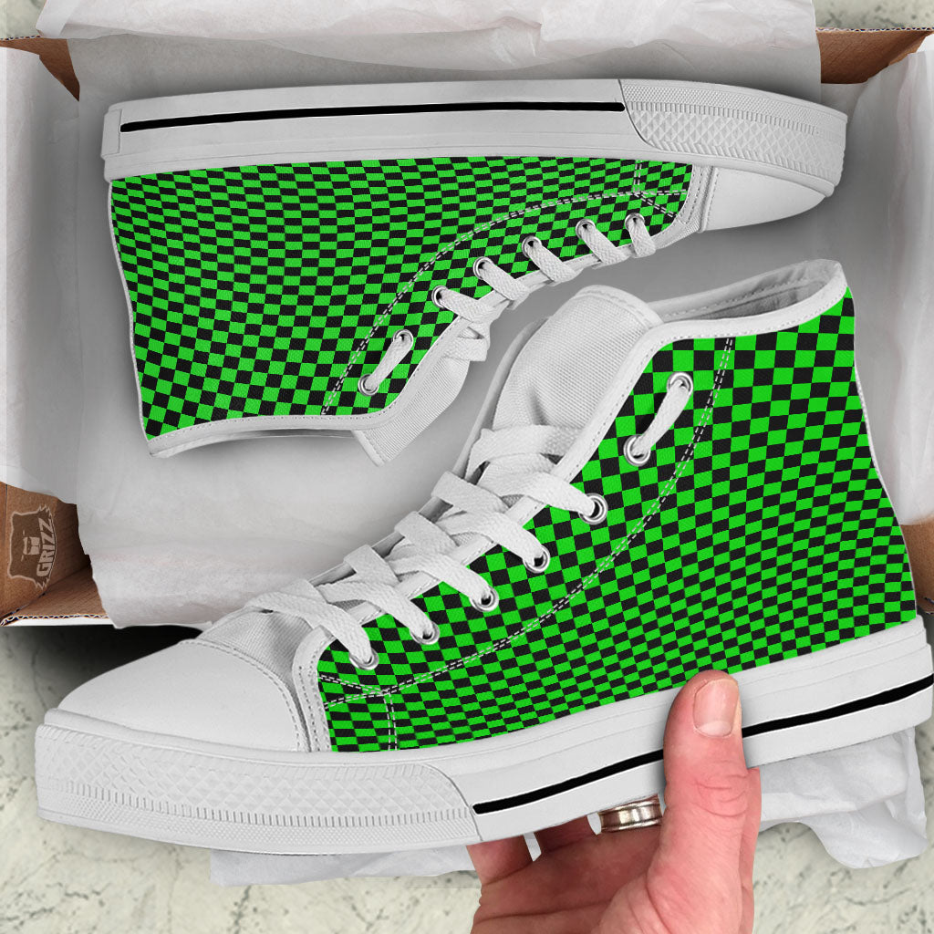 Checkered Green And Black Print White High Top Shoes-grizzshop