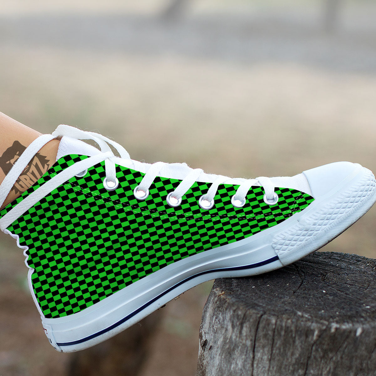 Checkered Green And Black Print White High Top Shoes-grizzshop