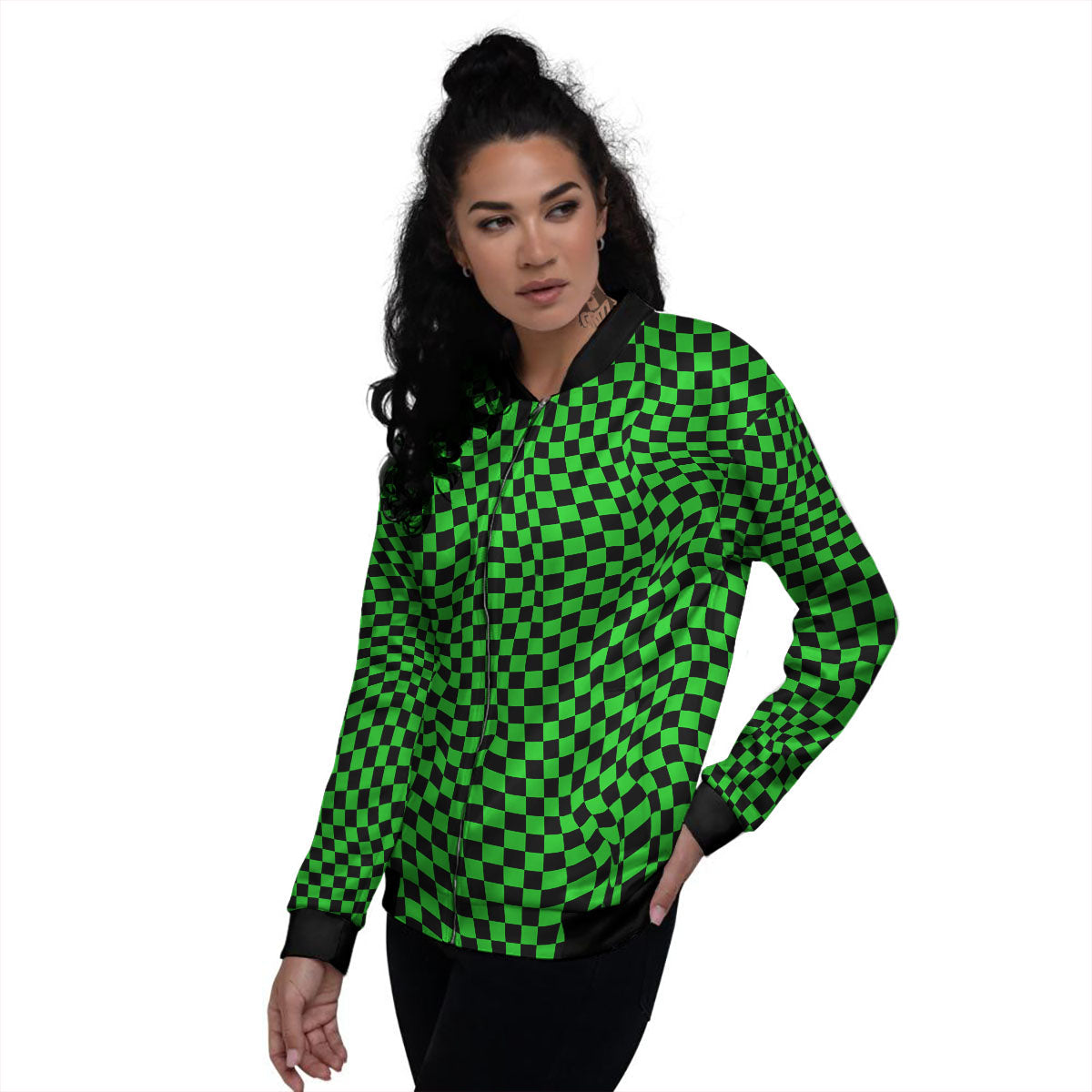 Checkered Green And Black Print Women's Bomber Jacket-grizzshop