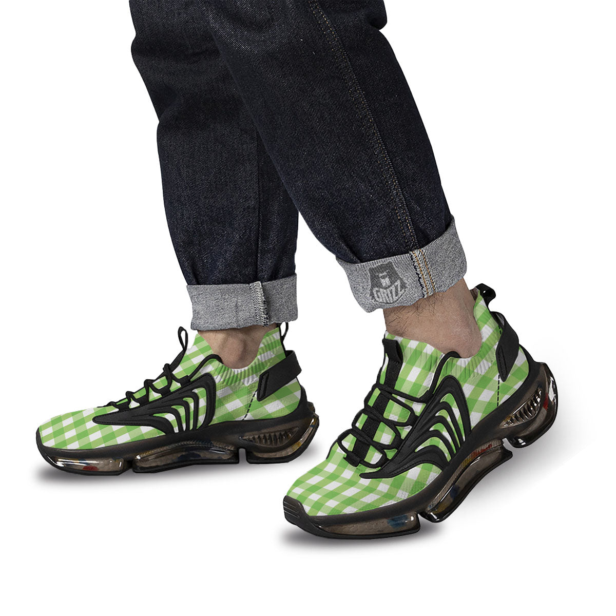 Checkered Green And White Print Pattern Black Gym Shoes-grizzshop
