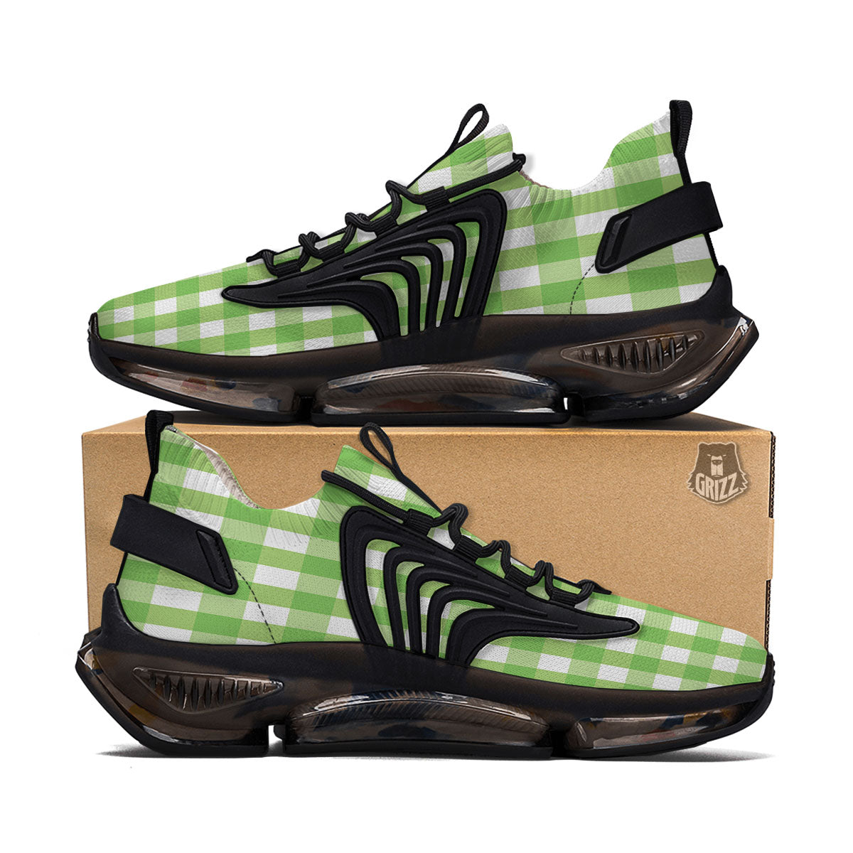 Checkered Green And White Print Pattern Black Gym Shoes-grizzshop