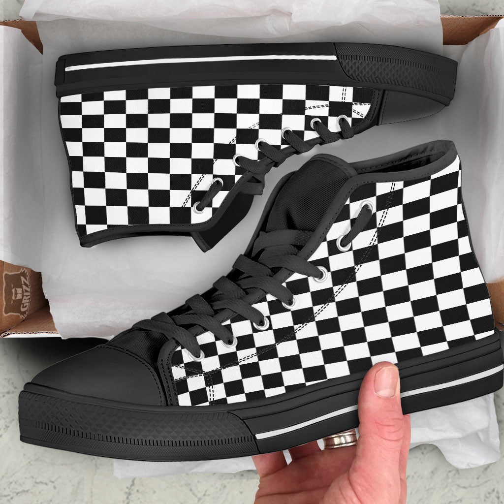 Checkered White And Black Print Pattern Black High Top Shoes-grizzshop
