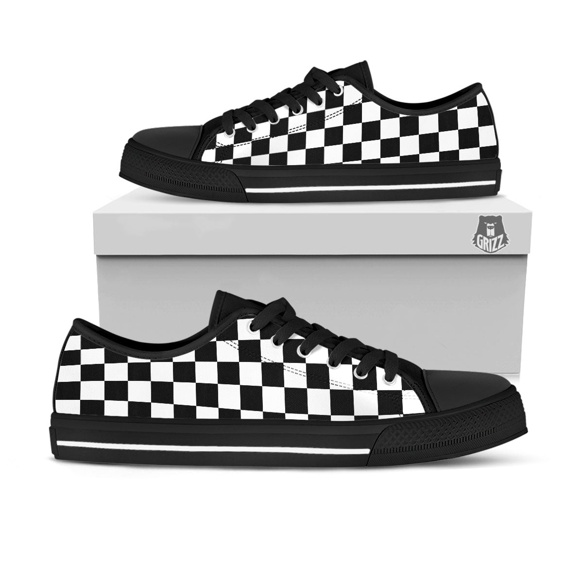 Checkered White And Black Print Pattern Black Low Top Shoes-grizzshop