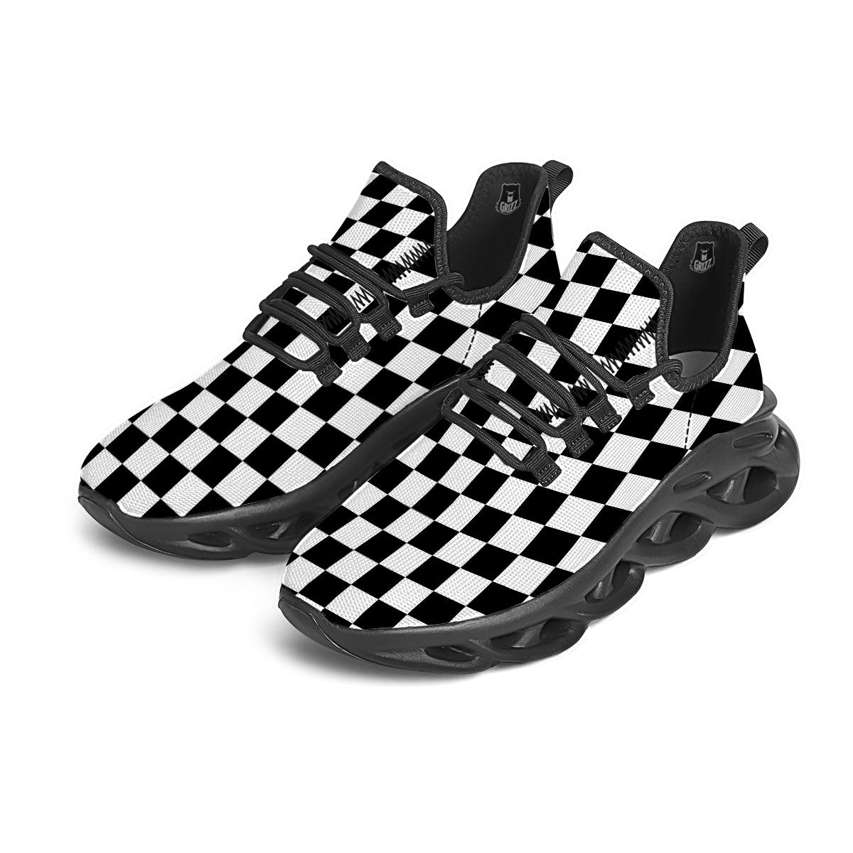 Checkered White And Black Print Pattern Black Running Shoes-grizzshop