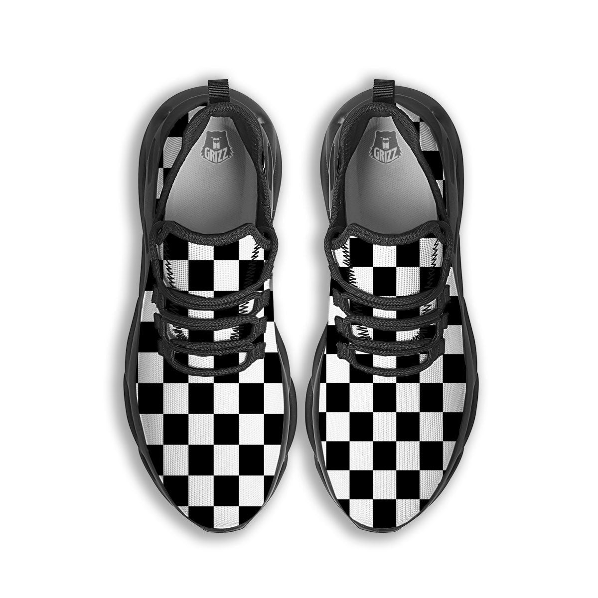 Checkered White And Black Print Pattern Black Running Shoes-grizzshop