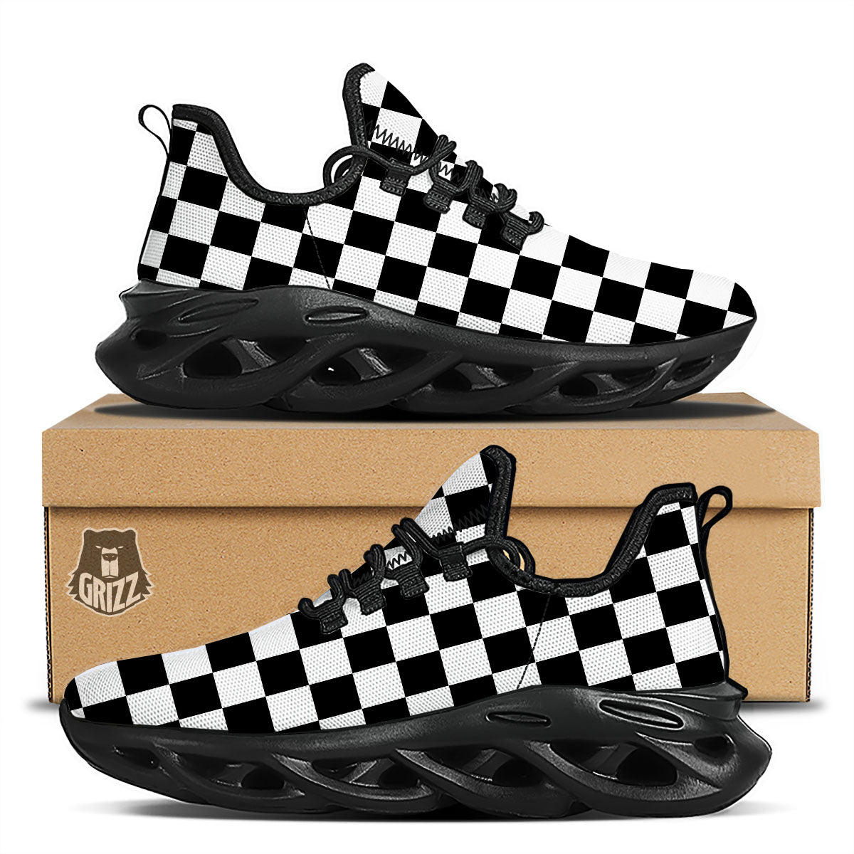 Checkered White And Black Print Pattern Black Running Shoes-grizzshop